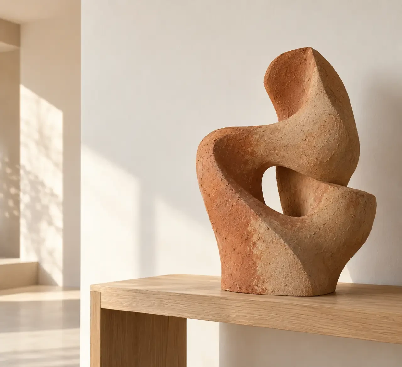 Sculpture sur terre cuite aux nuances ocre présentée sur une console dans un intérieur contemporain