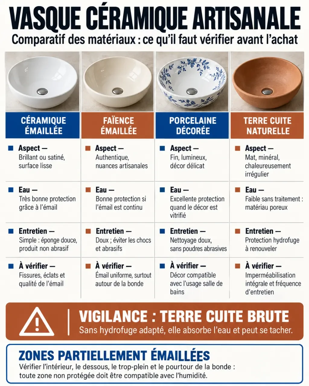 Infographie comparative des matériaux pour choisir une vasque céramique artisanale