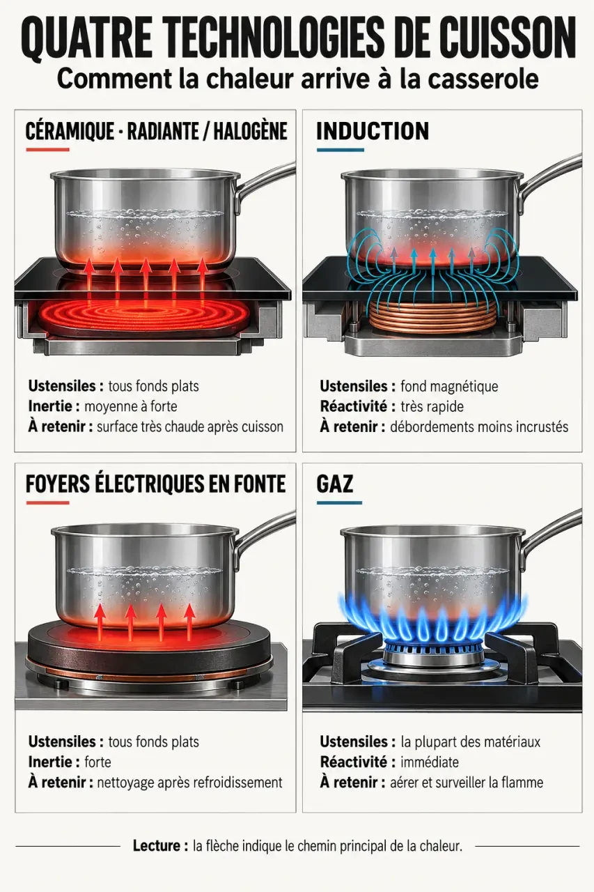 Infographie comparative des technologies de plaque céramique, induction, gaz et foyers électriques