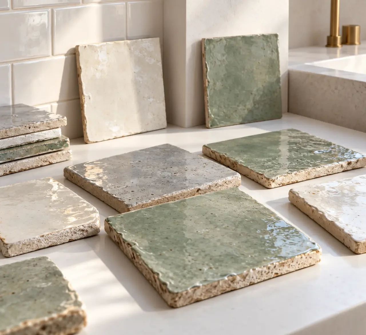 Échantillons de carreaux en céramique artisanale aux émaux et nuances variés