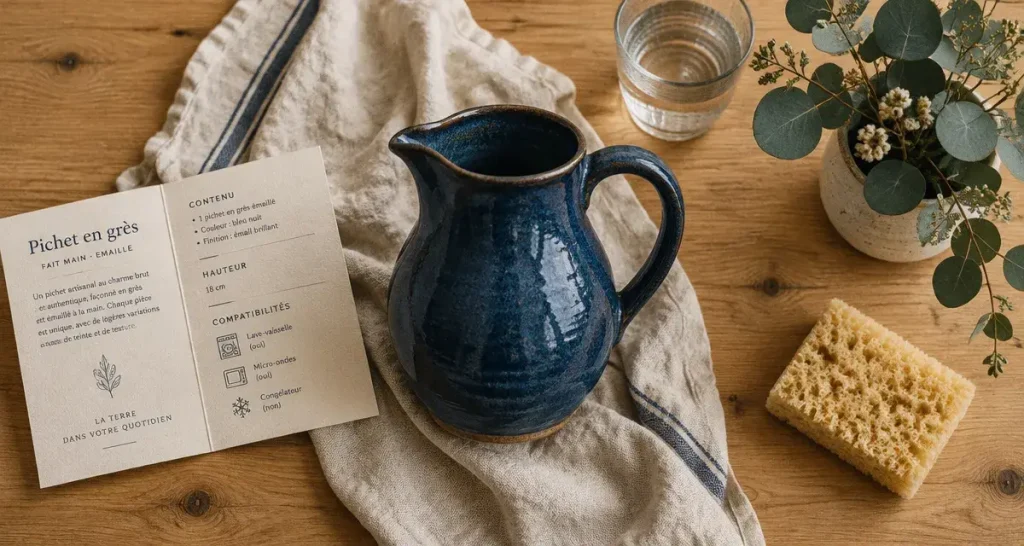 Pichet céramique artisanale en grès bleu, matière et versement sans maladresse