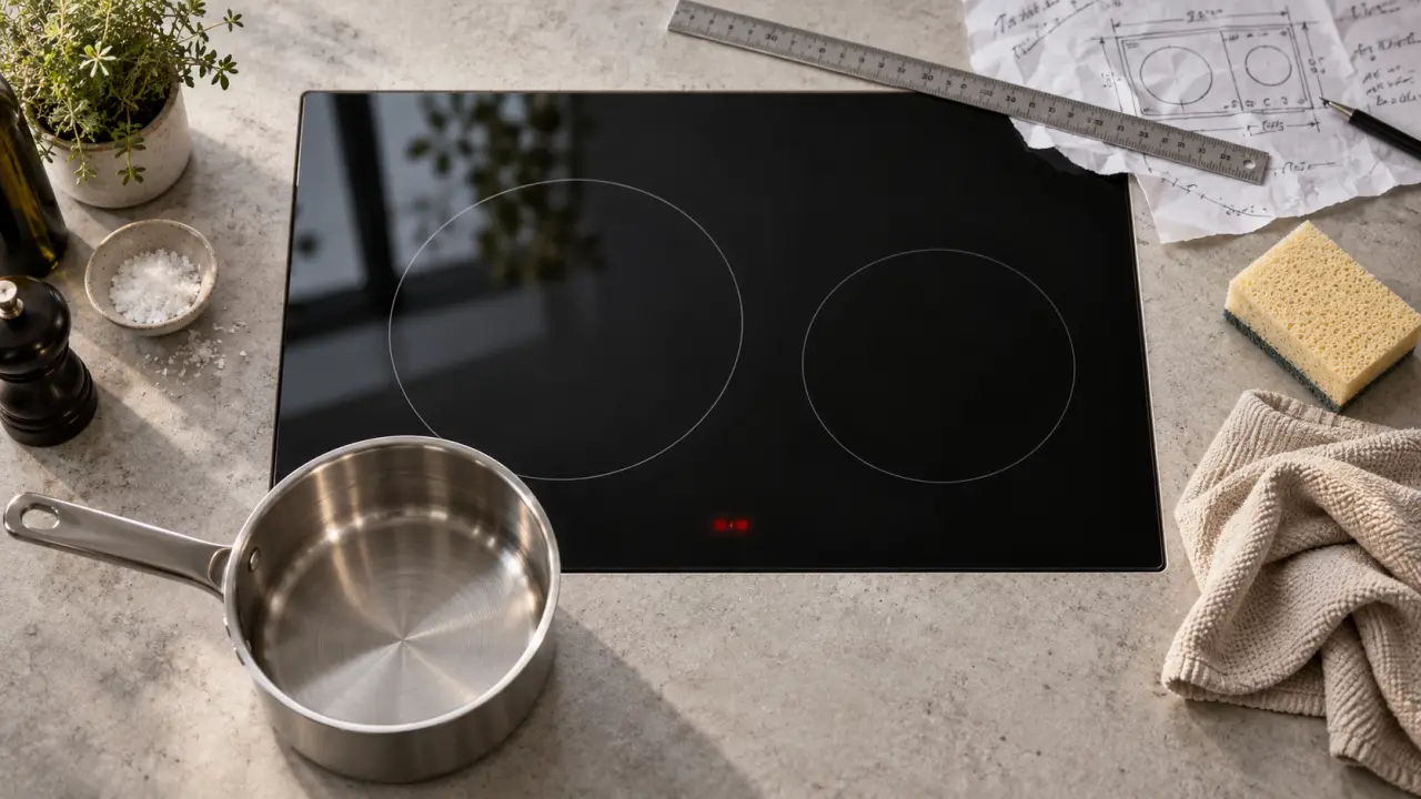 Plaque céramique noire, casserole et microfibre sur plan de travail clair