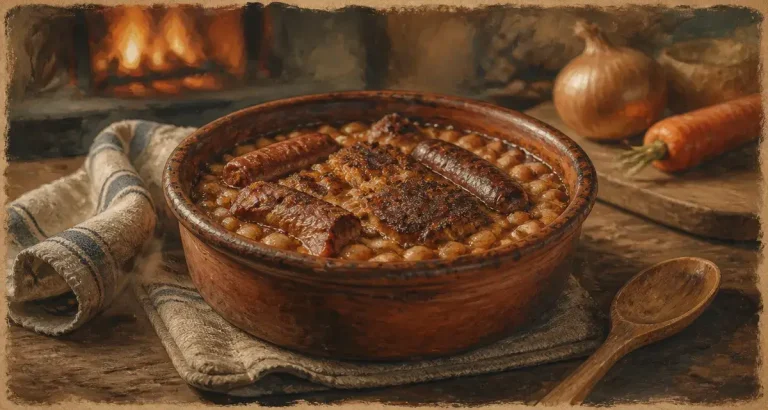 Plat à cassoulet en terre cuite : cassole conique avec cassoulet mijoté