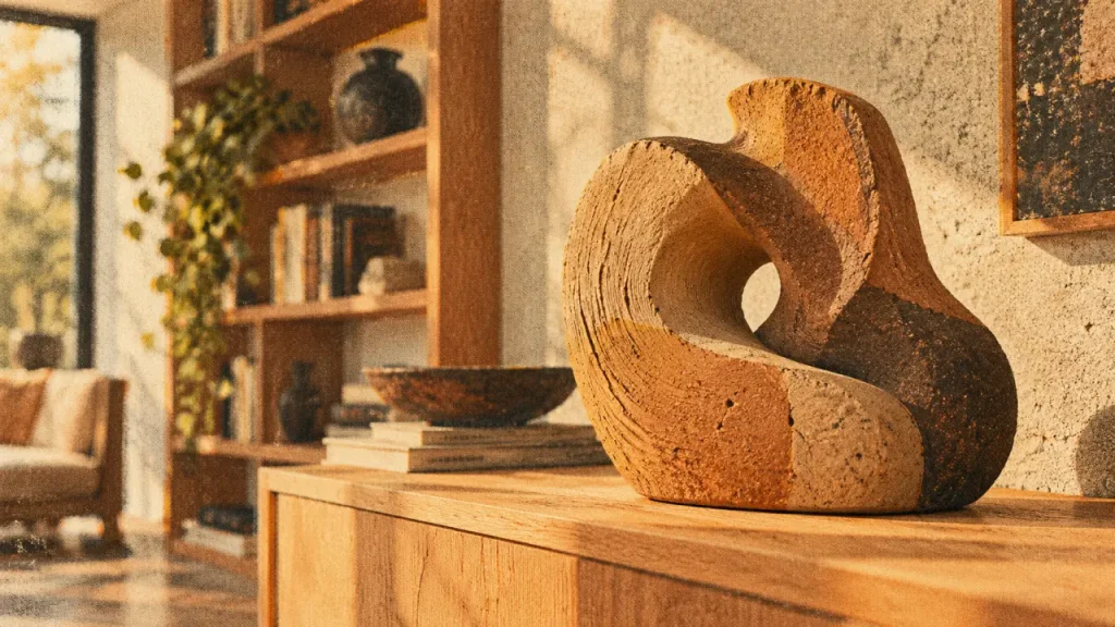 Sculpture sur terre cuite sur console en chêne clair, intérieur moderne