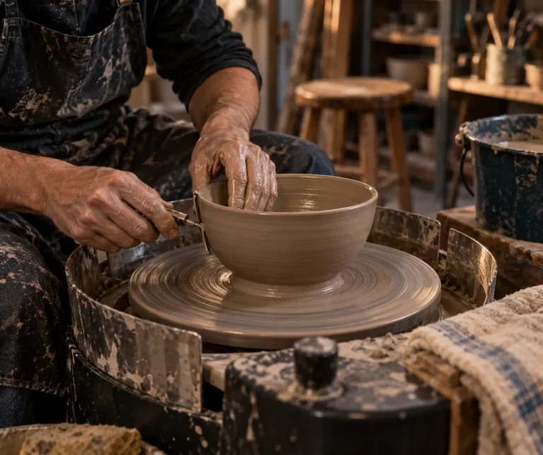 Tour de potier électrique en atelier, bol en tournage
